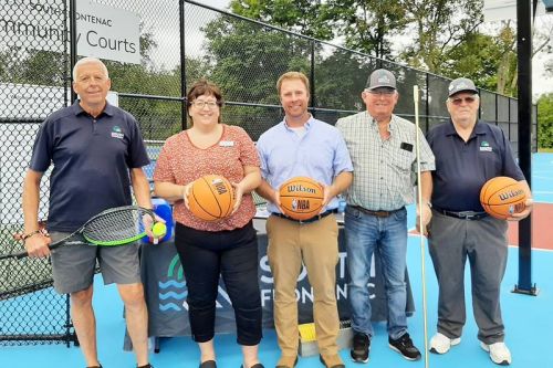 Mayor Ron Vandewal, CAO Louise Fragnito, Director of Public Services Kyle Bolton, and Councillors Ray Leonard and Norm Roberts at the reopening of McMullen courts